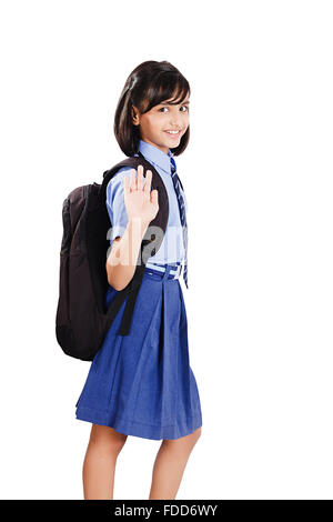 1 bambino ragazza studente della Scuola Permanente di gesti a mano sventolare le mani Foto Stock