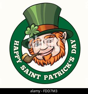 Leprechaun con tubo di fumo Saint Patrics giorno badge o emblema. Free font utilizzato. Isolato su bianco Illustrazione Vettoriale