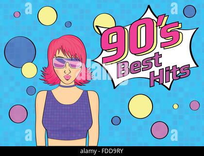 Migliori hit del 90s illistration con discoteca donna che indossa gli occhiali e capelli rosa su sfondo blu Illustrazione Vettoriale