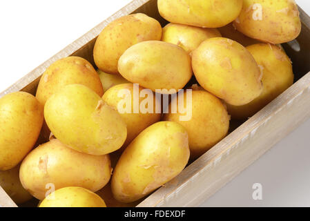 Tuberi crudi di patate in una cassa di legno isolato su sfondo bianco.  Patate gialle fresche in una scatola di legno. Contenitore rustico per  verdure Foto stock - Alamy