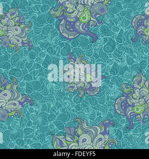 Vector doodle lascia & paisleys seamless pattern. Andamento ondulato creato per lo sfondo, lo sfondo, notebook, avvolgimento tessile. Illustrazione Vettoriale