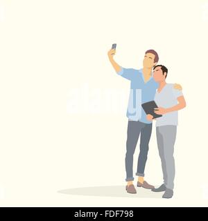 Silhouette di due uomini tenendo Selfie foto sul telefono intelligente Attesa Tablet Illustrazione Vettoriale