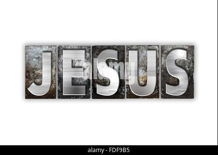 La parola Gesù scritto in metallo vintage rilievografia tipo isolato su uno sfondo bianco. Foto Stock