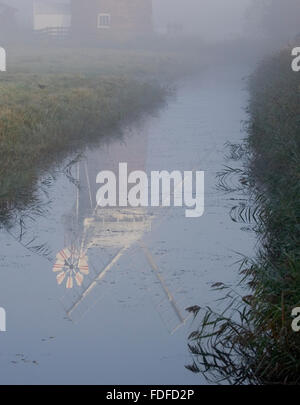 La riflessione di Horsey mulino in fossa di scarico, con l'aumento in autunno, nebbia di mattina presto, Norfolk Broads Foto Stock