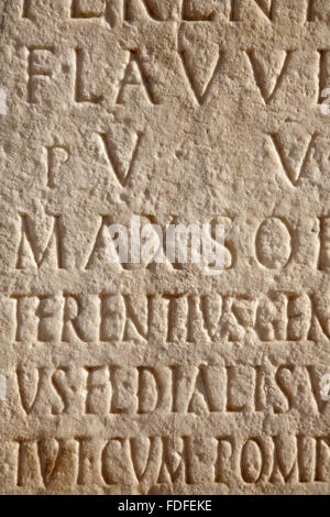 Iscrizione latina scolpita nella pietra tablet. Foto Stock