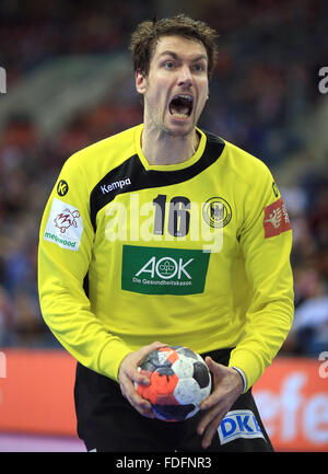 Cracovia in Polonia. 29 gen, 2016. Germania?s portiere Carsten Lichtlein durante il 2016 uomini al Campionato Europeo di pallamano semi finale tra la Norvegia e la Germania a Tauron Arena a Cracovia, Polonia, 29 gennaio 2016. © dpa picture alliance/Alamy Live News Foto Stock