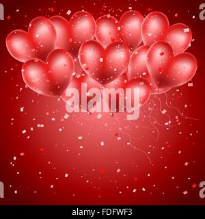 Cuore di palloncini battenti sul rosso sfondo coriandoli. Saluto sfondo con spazio per il testo Illustrazione Vettoriale