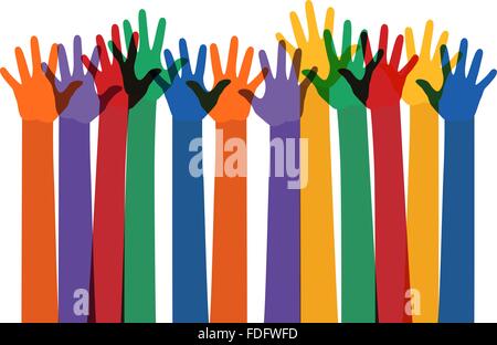 Illustrazione astratta con sollevamento multi colore mani. vettore Illustrazione Vettoriale