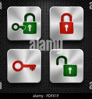 Gruppo di serratura e chiave icone. Pulsanti in acciaio su texture metallica sullo sfondo Illustrazione Vettoriale