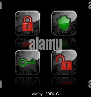 Set di icone di protezione. Lucida pulsante floreale con la riflessione su sfondo nero Illustrazione Vettoriale