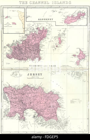 Isole del Canale:; Alderney Guernsey e Sark; Jersey. Bacon, 1895 Mappa antichi Foto Stock