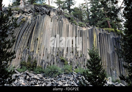 In piedi le colonne di basalto roccia creato dal raffreddamento di un flusso di lava sono le principali attrazioni di Devils Postpile National Monument vicino a Mammoth Mountain in Madera County, California, Stati Uniti d'America. Considerata una rara vista geologica, alcuni dei 60-piedi-tall multisided colonne è crollato in pezzi durante il 100.000 anni della loro esistenza. Foto Stock