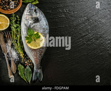 Fresco pesce di mare posto sulla pietra scura sullo sfondo Foto Stock