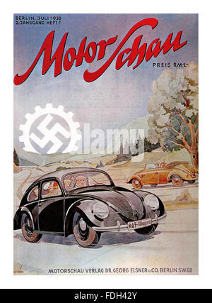 VOLKSWAGEN SWASTIKA HITLER Motor Show copertina Berlino Germania 1938 con le vetture Volkswagen e meccanizzate Swastika come un brillante motif in background Foto Stock