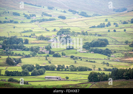 Edifici agricoli e pascoli nelle valli dello Yorkshire, Inghilterra, Regno Unito. Foto Stock