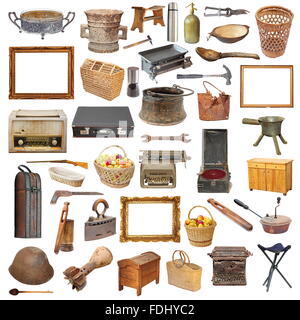 Raccolta di oggetti vintage isolate su sfondo bianco Foto Stock