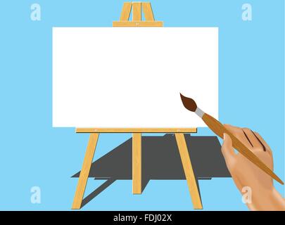 Mano con pennello per ottenere pronto a dipingere su una tela montata su di un cavalletto Illustrazione Vettoriale