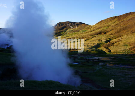 Primavera calda e fumante, Hengill montagne, Hveragerdi, SW Islanda Foto Stock