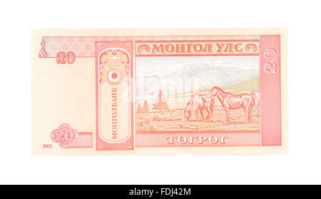 20 Togrog bill della Mongolia denaro isolato su bianco Foto Stock
