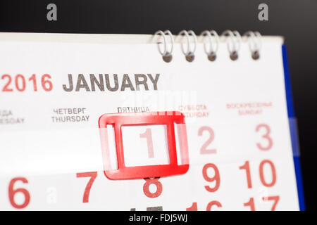 2016 Gennaio.pagina calendario contrassegnato con la data del 1° gennaio Foto Stock