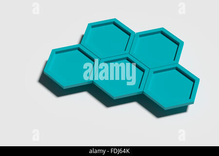3D rendering di cinque blu tridimensionale di esagoni ombra di colata su sfondo bianco. Foto Stock