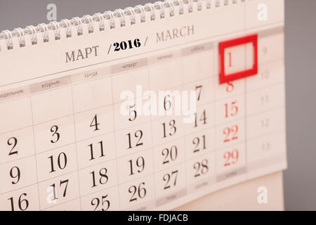 2016 Marzo.pagina calendario contrassegnato con la data del 1 marzo Foto Stock