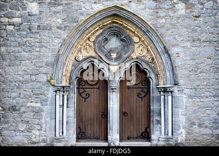 Arcate doppie porte in legno alla Cattedrale di St Canice kilkenny Irlanda Foto Stock