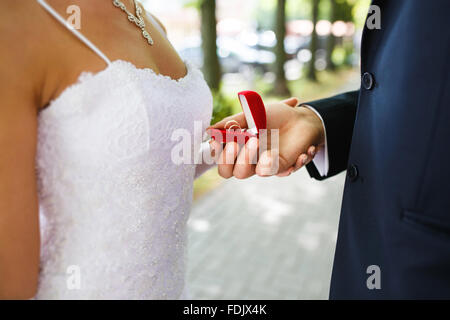 Gli anelli di nozze in una mano di sposo e sposa Foto Stock