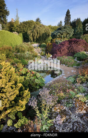 Il laghetto di gigli nel giardino di roccia in agosto a Emmetts giardino, Kent. Foto Stock