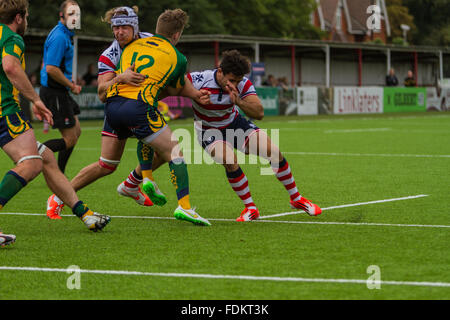 Azione da Rosslyn Park FC contro Henley Hawks RFC in Inglese Lega nazionale 1. Punteggio finale: 62-12 Foto Stock