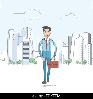 Imprenditore Walking Street City grattacielo Cartoon Business Man Suit Valigetta Illustrazione Vettoriale