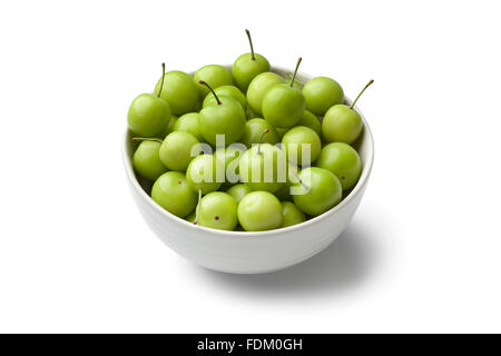 Fresche possono Erik prugne in una ciotola su sfondo bianco Foto Stock