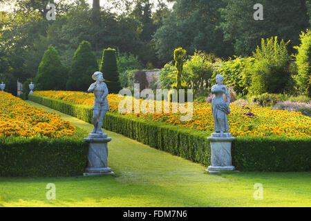 Topiaria da, statue e box-refilato aiuole con Rudbeckia nel lungo giardino a Cliveden, Buckinghamshire, nel mese di agosto alla luce della sera. Foto Stock