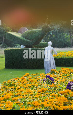 Topiaria da, statua e box-refilato aiuole con Rudbeckia nel lungo giardino a Cliveden, Buckinghamshire, nel mese di agosto alla luce della sera. Foto Stock