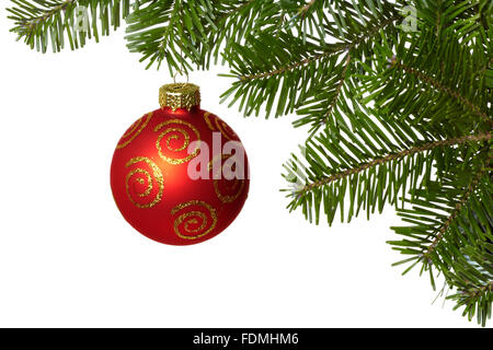 Pallina di natale sul ramo isolato su uno sfondo bianco. Foto Stock