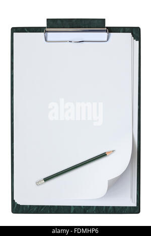 Appunti con foglio di carta e matita isolato su uno sfondo bianco. Foto Stock