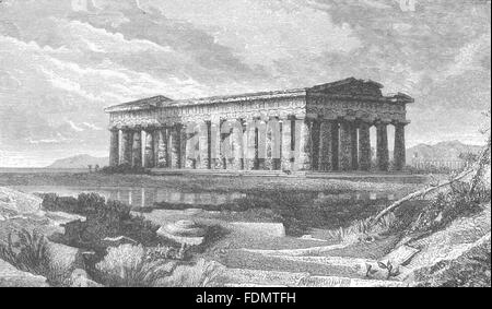 Italia: Tempio di Nettuno a Paestum, antica stampa 1877 Foto Stock