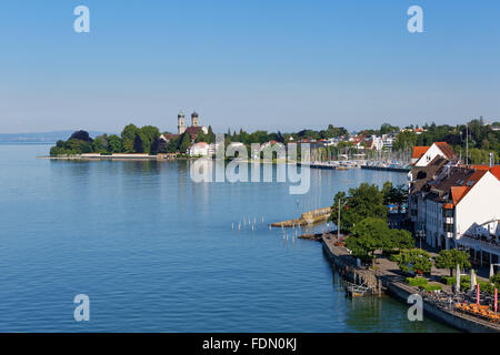 Hofen chiesa abbaziale il lago di Costanza, vista da Moleturm, Friedrichshafen, Alta Svevia, Regione Bodensee, Baden-Württemberg Foto Stock