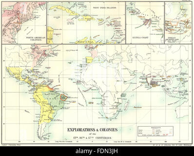 Colonie di esplorazione:15C 16C 17C; Americhe; W Indies; Guinea;e indie, 1903 Mappa Foto Stock