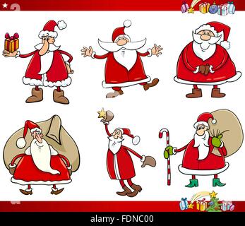 Cartoon illustrazione di Babbo Natale con regali a Natale del tempo impostato Illustrazione Vettoriale