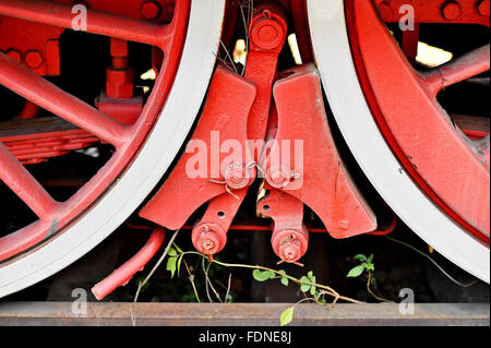 Closeup shot del vecchio sistema di freno meccanismo sul treno a vapore Foto Stock