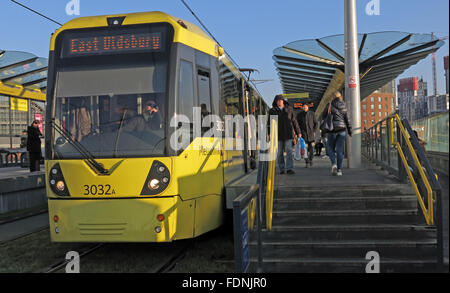 East didsbury Metrolink Tram, Castlefield,Deansgate, Manchester, Inghilterra, Regno Unito Foto Stock