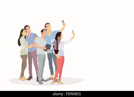 Gruppo di persone Silhouette tenendo Selfie foto su Smart Phone Illustrazione Vettoriale