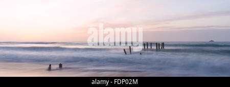 Il vecchio molo pile a St. Clair Beach in Dunedin all'alba Foto Stock