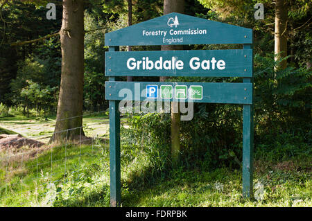 Commissione forestale segno a Gribdale Gate, un popolare a piedi, in bicicletta e area pic-nic nei pressi di grande Ayton, North York Moors Foto Stock