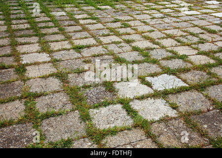 Grungy incastro pavimentazione in calcestruzzo con erba crescente lungo la sua giunzione per tessiturali sfondo. Foto Stock