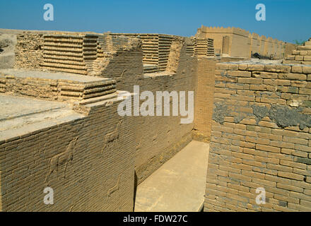 Babilonia Iraq Muro occidentale del basso Ishtar Gate con Mushussu & uro rilievi Foto Stock