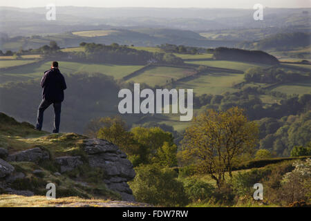 Sulla parte superiore del banco Tor, guardando in giù nella valle di Dart, nei pressi di Holne, Parco Nazionale di Dartmoor, Devon, Gran Bretagna. Foto Stock