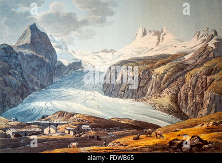 Mont Dolent ghiacciaio in Prè de bar in Valle d'Aosta per la sua massima espansione del 1820 in una stampa di Jean Francois D'Ostervald Foto Stock