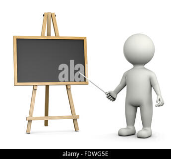 3D carattere bianco insegnante con un vuoto orizzontale Blackboard isolati su sfondo bianco 3D illustrazione Foto Stock